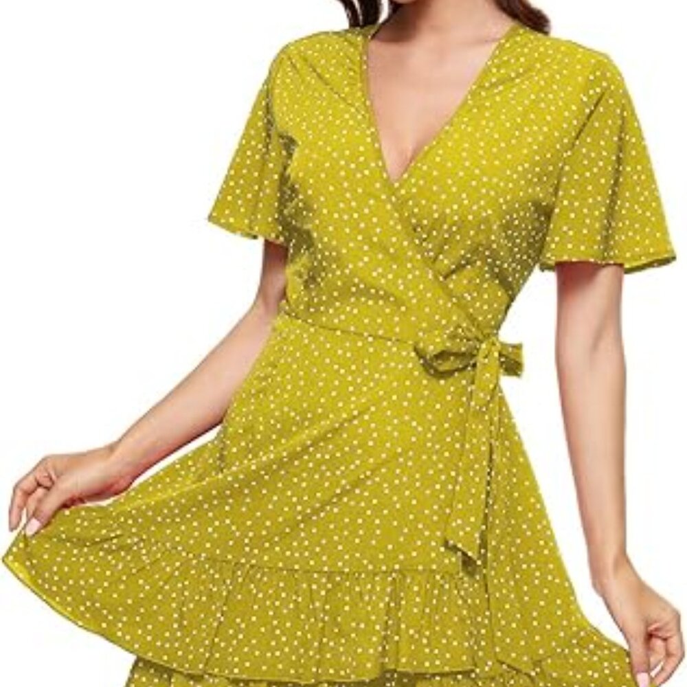 Short Sleeve V Neck Wrap Dress Floral Skirt Mini Swing Party Size XL